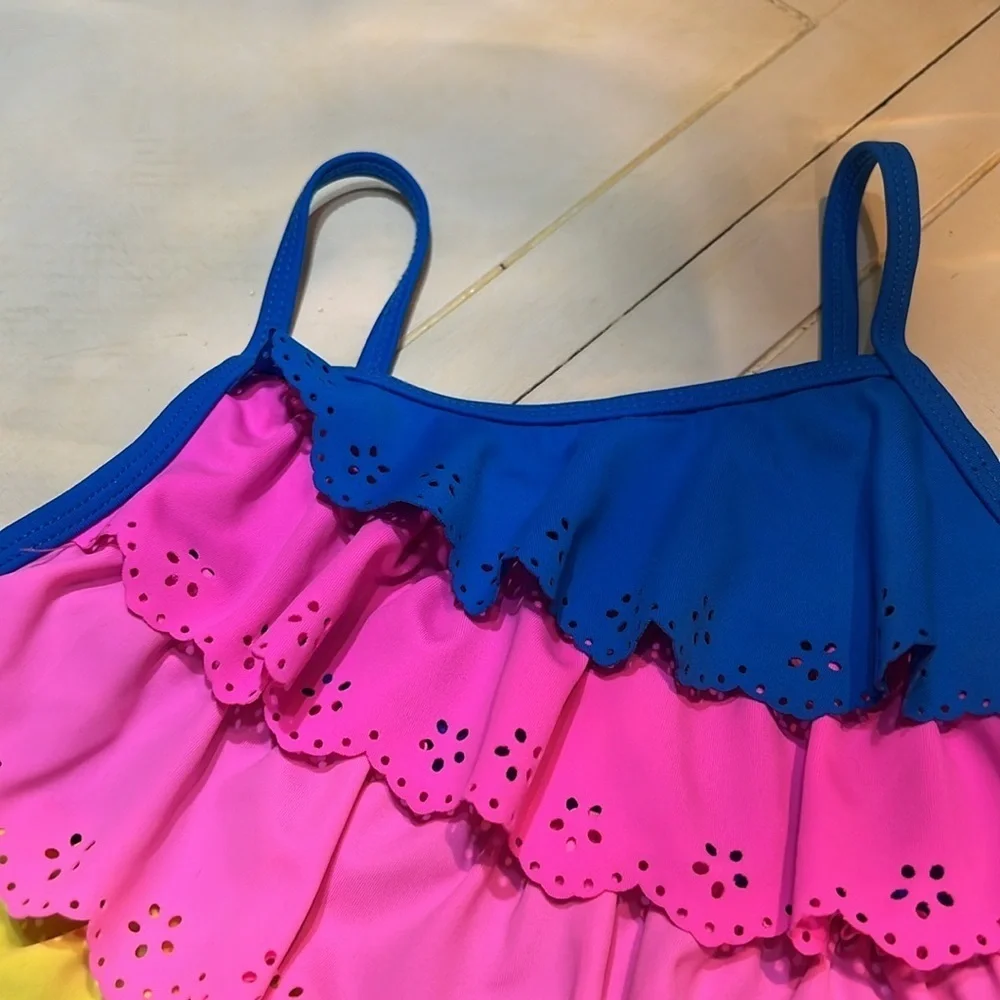 Colorful Ruffled Kids Swimsuit by Flapdoodle size 5 perfect condition